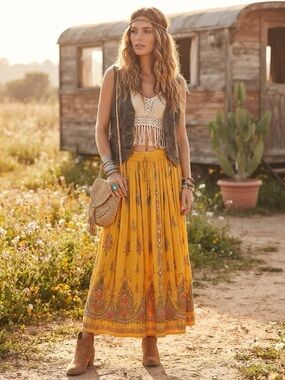 Boho Rayon Maxi Skirt in Mustard Yellow with Paisley Print and sequins